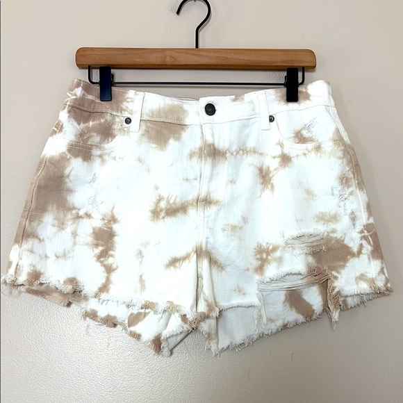 aerie Pants - Aerie Denim Shorts Tie Dye Distressed Raw Hem White Tan Size L